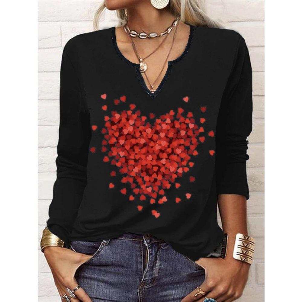 GMXIA Autumn Loose Long Sleeve Flower Bold V-neck T-shirt Base for Women