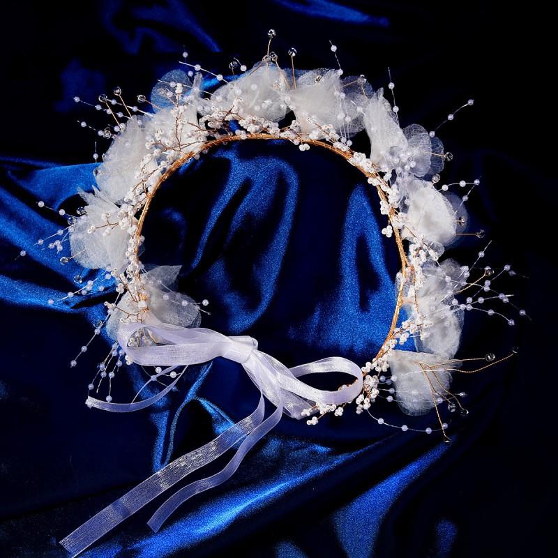 

Super Fairy Tulle Flower Hair Band Pure Handmade Rice Beads Crystal Petal Performance Makeup Bride Wedding Headband