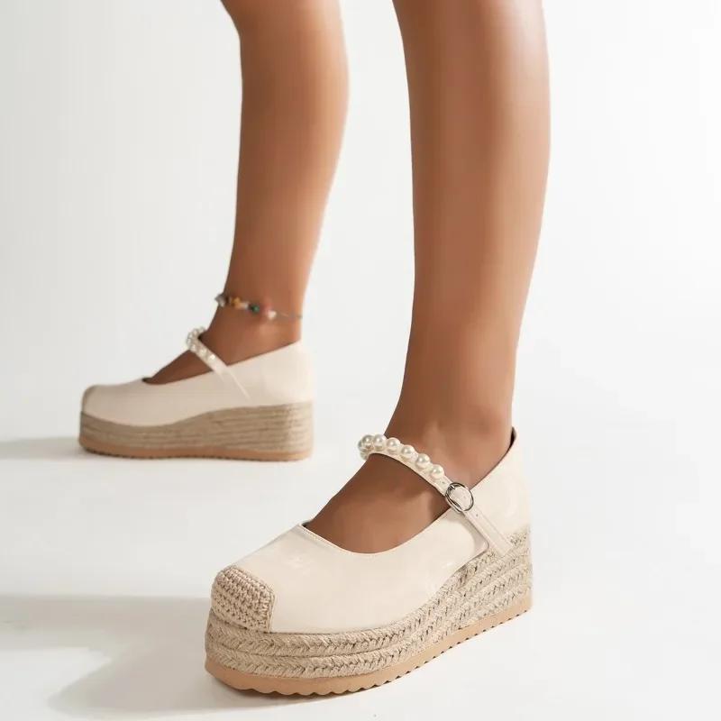 Fashion 2024 New Shoes Female Buckle Women's Pumps Autumn Round Toe Beads Solid Platform Casual Comfortable Shallow Office Ladies Shoes