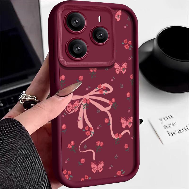 Мягкий чехол для телефона TPU с цветочным принтом и бантом для Xiaomi 14T 13T Poco X7 F6 Pro X6 Redmi Note 14 Pro 13 12 11, матовый силиконовый противоударный чехол-бампер