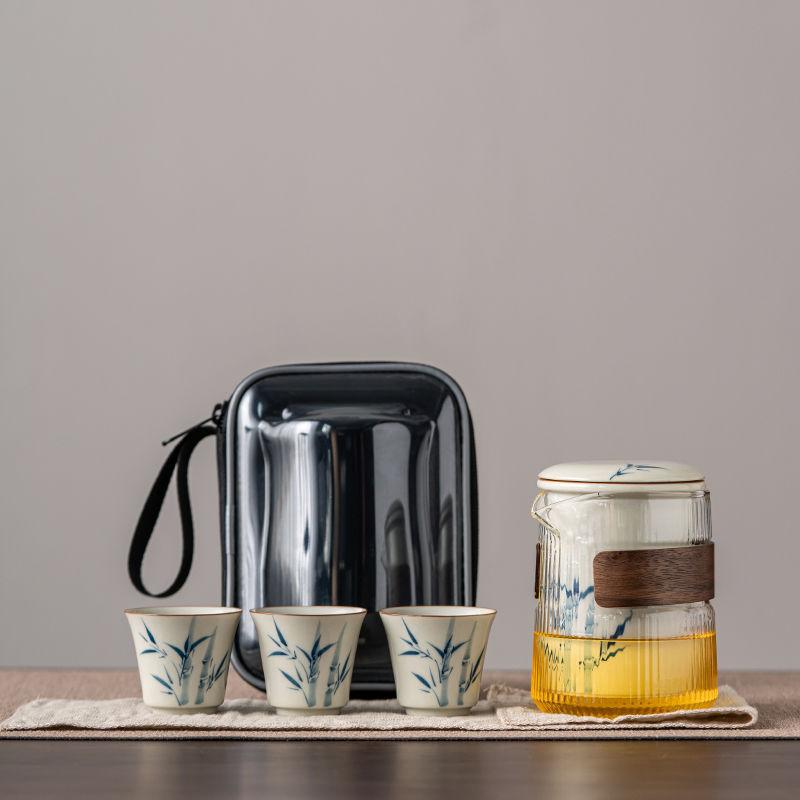 

Plant Ash Hand-Painted Bamboo Express Cup Set Household Portable Tea Set Kit Zen 1 Pot 3 Cups Tea Maker Outdoor Handbag Craft