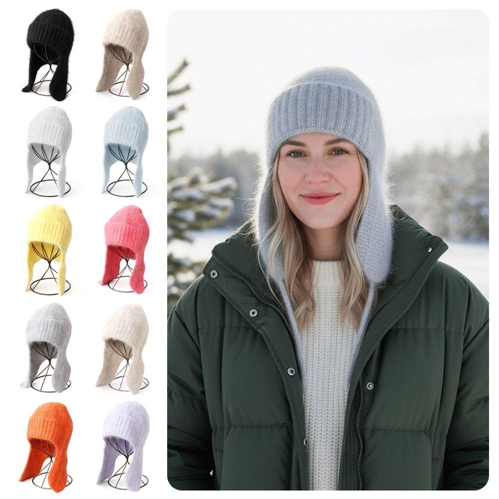 Warm Fur Ear Flap Cap Soft Skullies Beanies Cozy Woman Knit Cap Winter Season