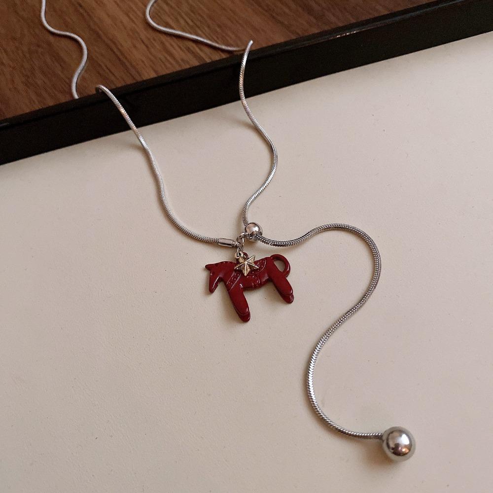 Long Horse Pendant Necklace Silver Plated Y Neck Chain Vintage Enamel Pendant Necklace  for Women