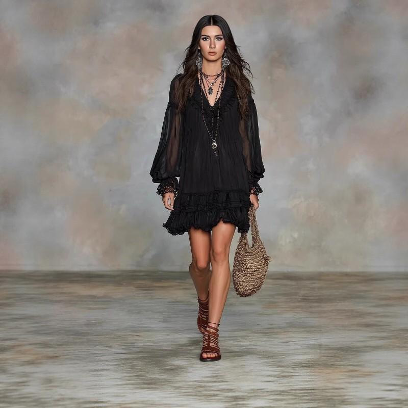 2026 V-Neck Ruffled Waist Dress Womens Solid A-Line Casual Street Style Short