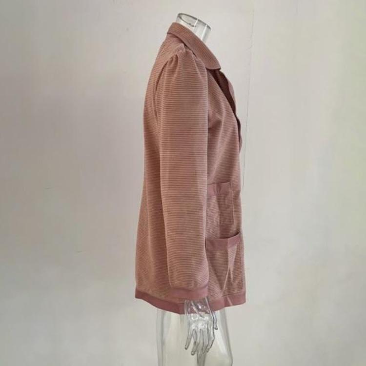 Women Fall Coat Long Sleeve Tweed Blazer Jacket Double Breasted Notched Lapel Ribbed Open Front with Pockets