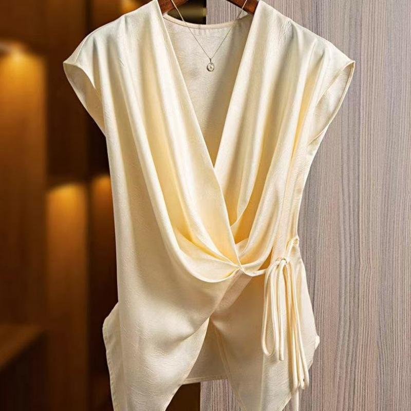 Elegant Casual Blouses V-neck Short-sleeved Open Placket Waist Tie Glossy Champagne Sedin Spring and Summer Women's Shirt
