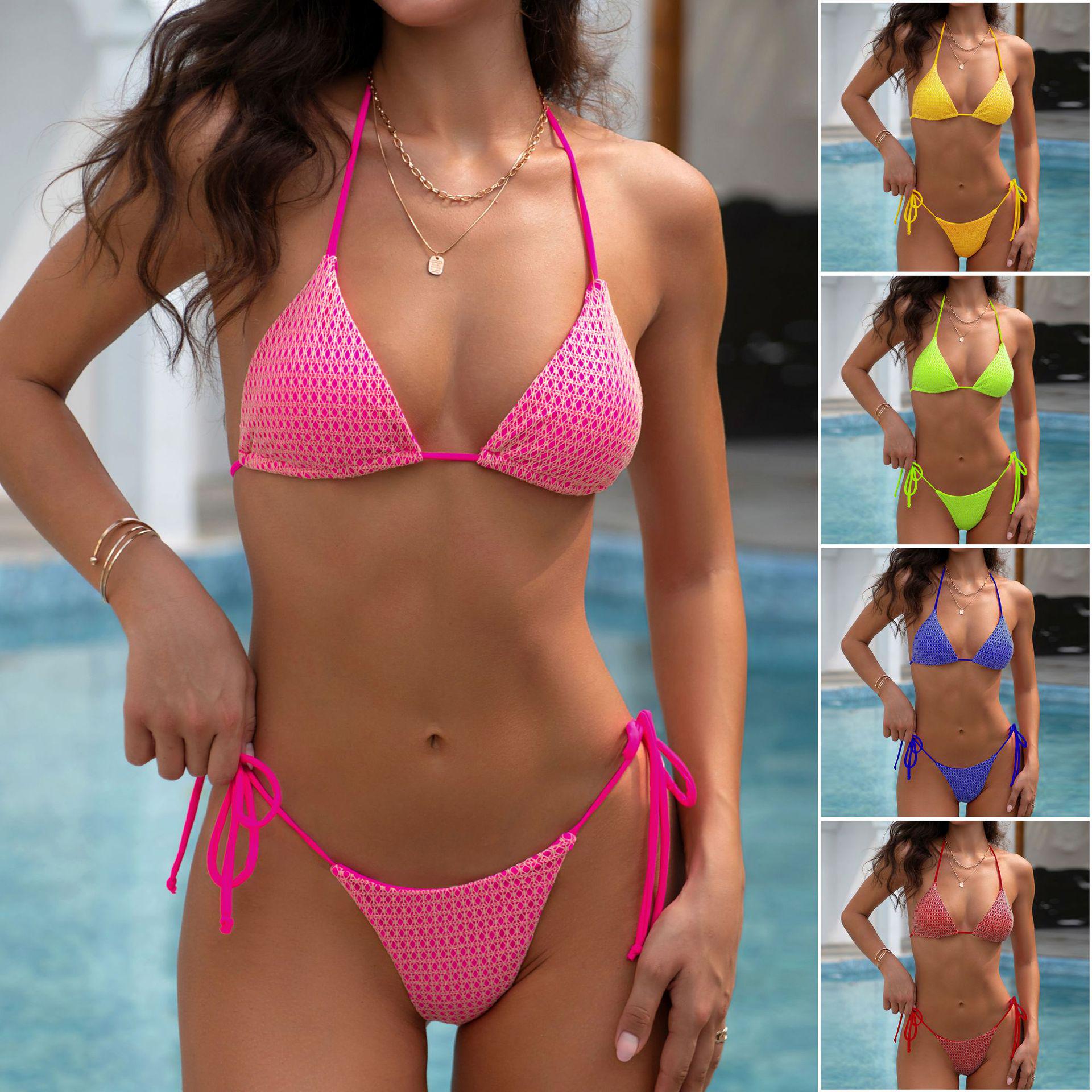 

Women s Original Lace Mesh Bikini Swimwear - European & American Bandage Style, Solid Color, Split Design Large красный