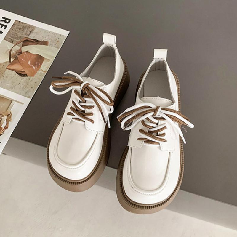 Women's College Style Lace-up Leather Shoes Thick-soled Casual Non-slip Wear-resistant Loafers