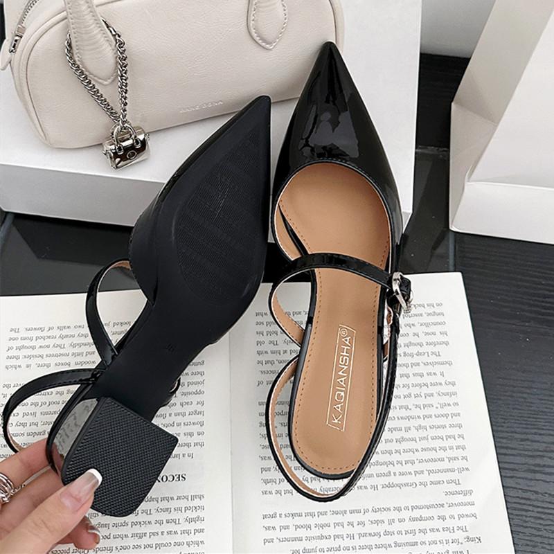 Sexy Pointed Toe Patent Leather Women Pumps Chunky Square Heel Front Rear Strap Mules Sandals Elegant Party Wedding Bridal Shoes