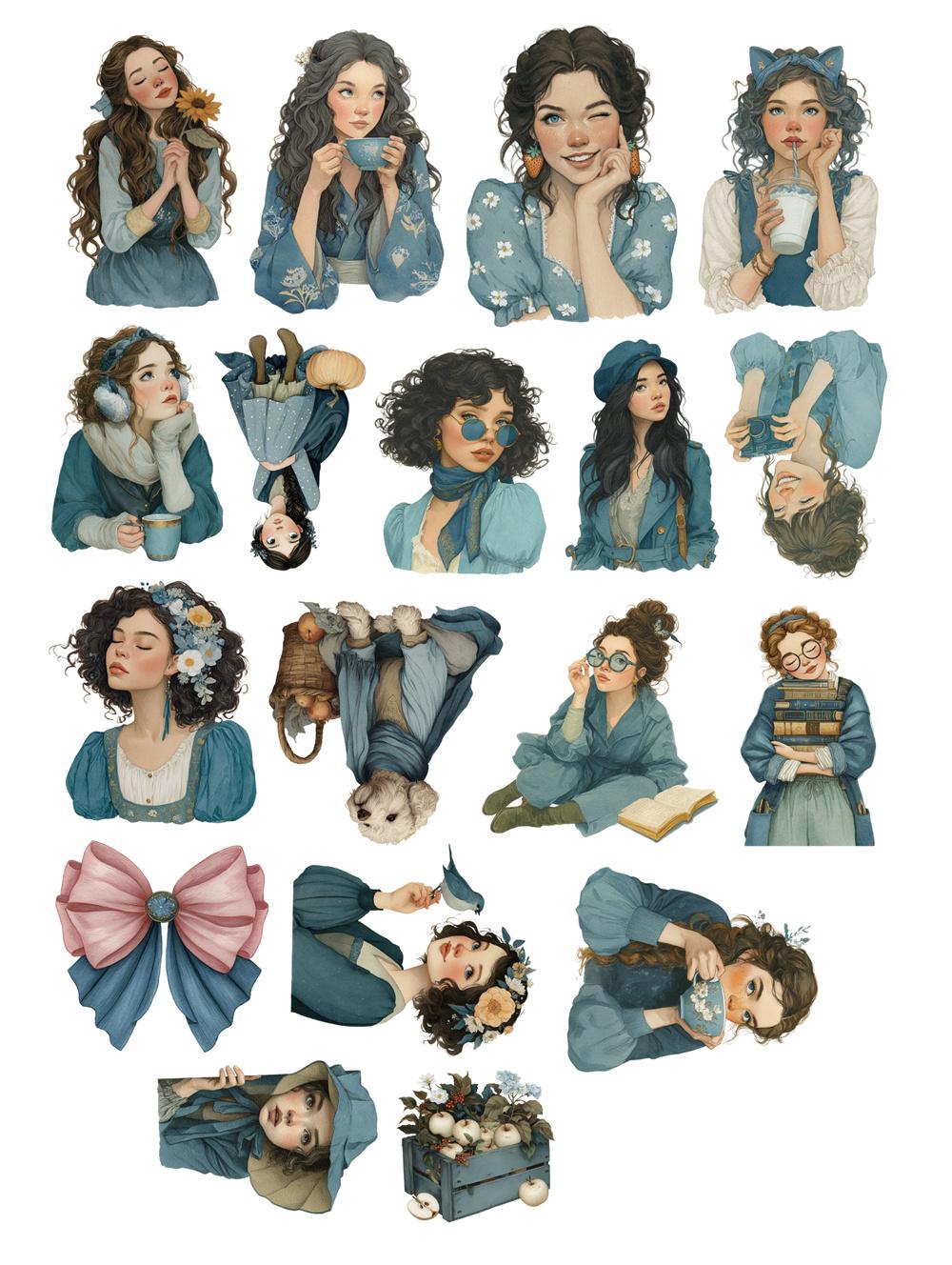 18pcs Anime Watercolor Fantasy whimsical girl Paper Stickers, for Luggage, Notebook, Diary, Album Decoration, DIY stationery
