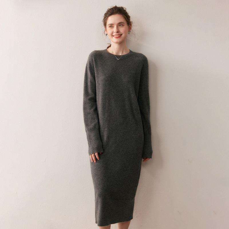 Autumn/Winter Women's Thick Solid Cashmere Knit Dress - Long Loose Wool Skirt