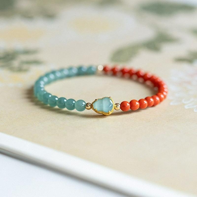 Handmade 6mm Blue Water Southern Red Agate Bracelet, Gourd Fortune Design, New Chinese Retro Women Jewelry, Travel Souvenir