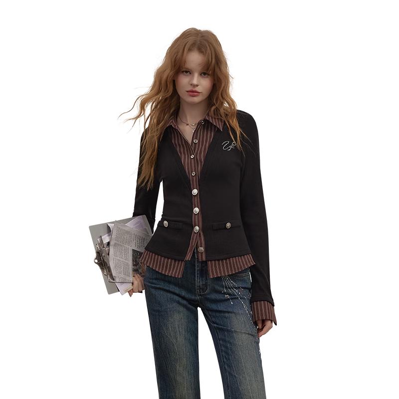 UNIFREE College Style Faux Two-Piece Striped Knit Cardigan