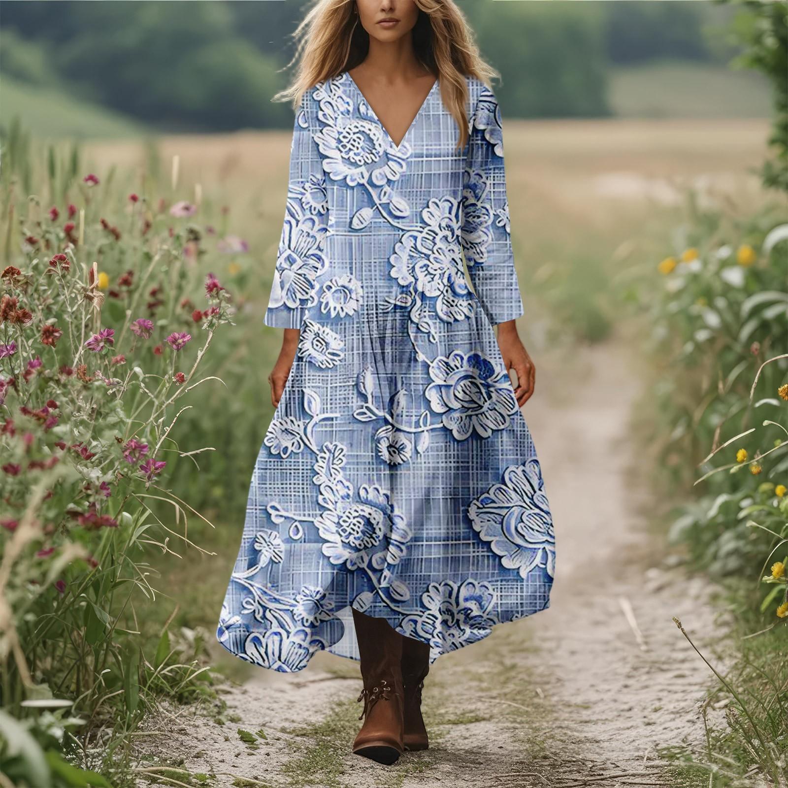 

Женское повседневное и модное платье с круглым вырезом и длинными рукавами средней длины XXL синий