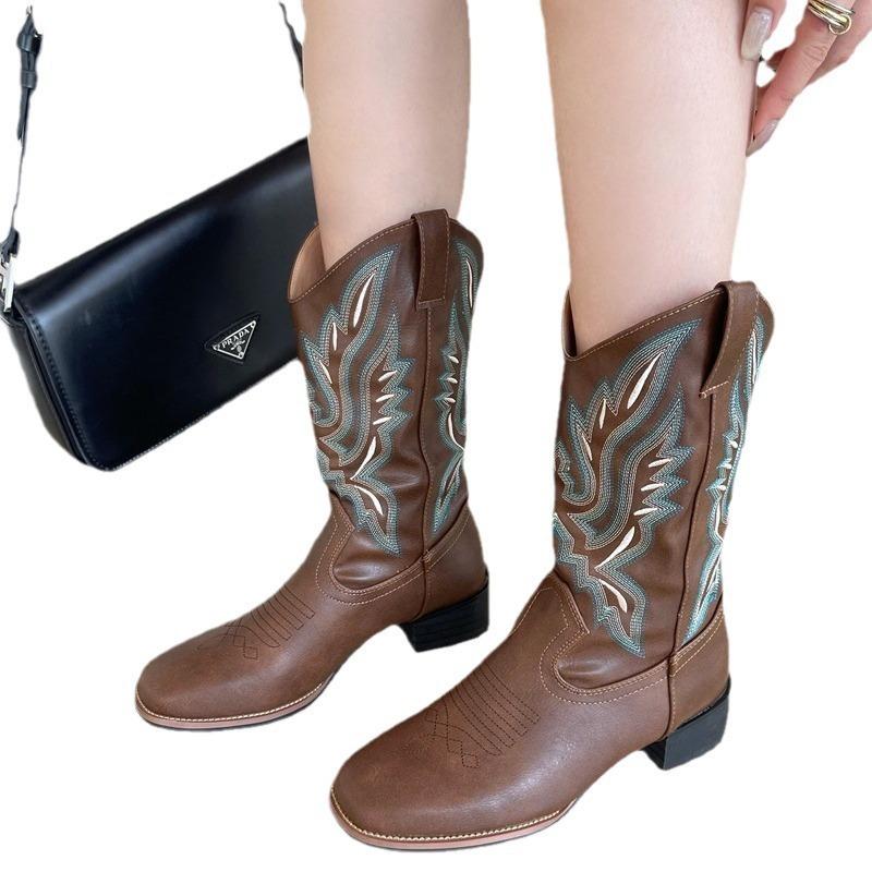 Chunky-heeled Boots Sleeve Knight Boots Mid-calf Square-toed Vintage Shoes