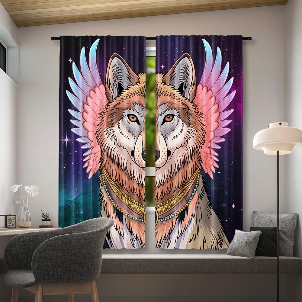 2pcs Fantasy Wolf Curtains   Starry Sky Print   Semi-Sheer Polyester   Machine Washable   Rod Pocket   Woven Decorative Light Filteri