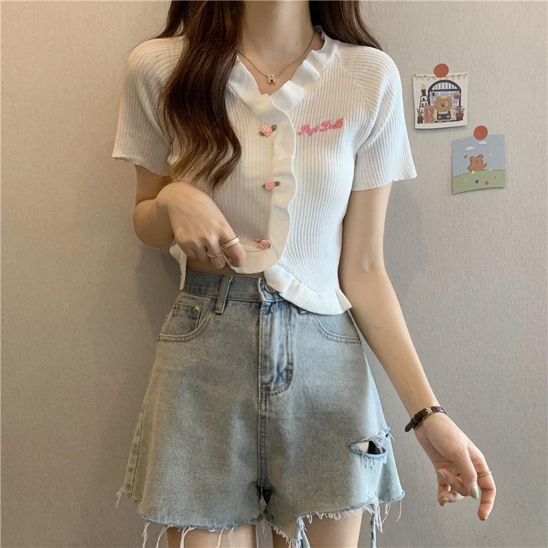 

Трикотажная рубашка Ice Silk с V-образным вырезом, футболка с короткими рукавами для женщин, летняя, милая и короткая, тонкая, с черным верхом с грибковой кромкой S белый