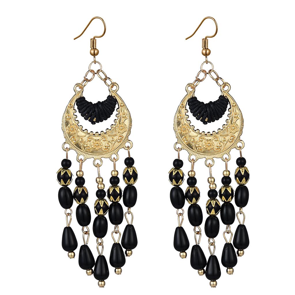 Bohemian Round Water Drop Tassel Earrings Jewelry Ethnic Style Hand Woven Hollow Geometric Statement Earrings for Women Girls