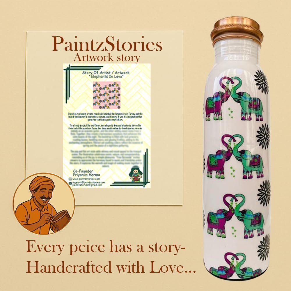 Elephants In Love Artistic Copper Water Bottle Set | Handcrafted Tamba Bottle with 2 Glasses | Premium Copper Water Bottle