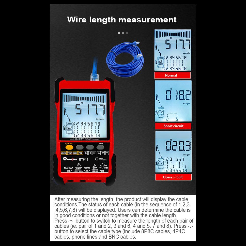 TOOLTOP ET618 Handheld Portable Cable Tester with LCD Display Analogs Digital Search POE Test Cable Pairing Sensitivity