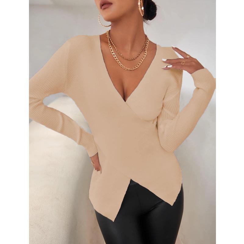 Damen Pullover, modisch, schlank, lässig, einfarbig, langärmelig, V-Ausschnitt, Wickeloptik, gerippter Strickpullover