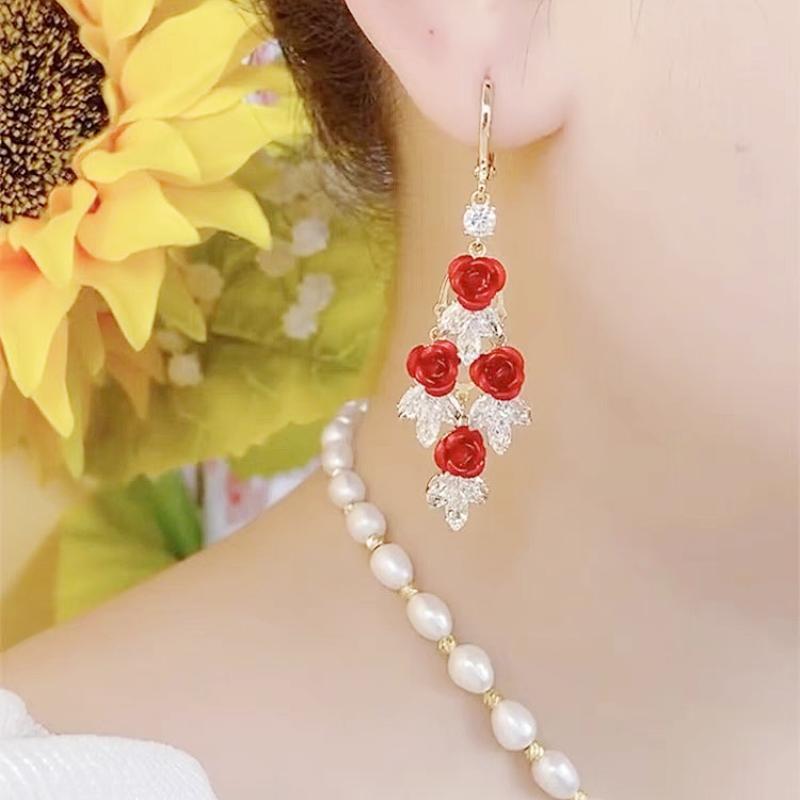 Elegant Red Rose Star Wave Earrings - High-End Light Luxury Long Studs for Women