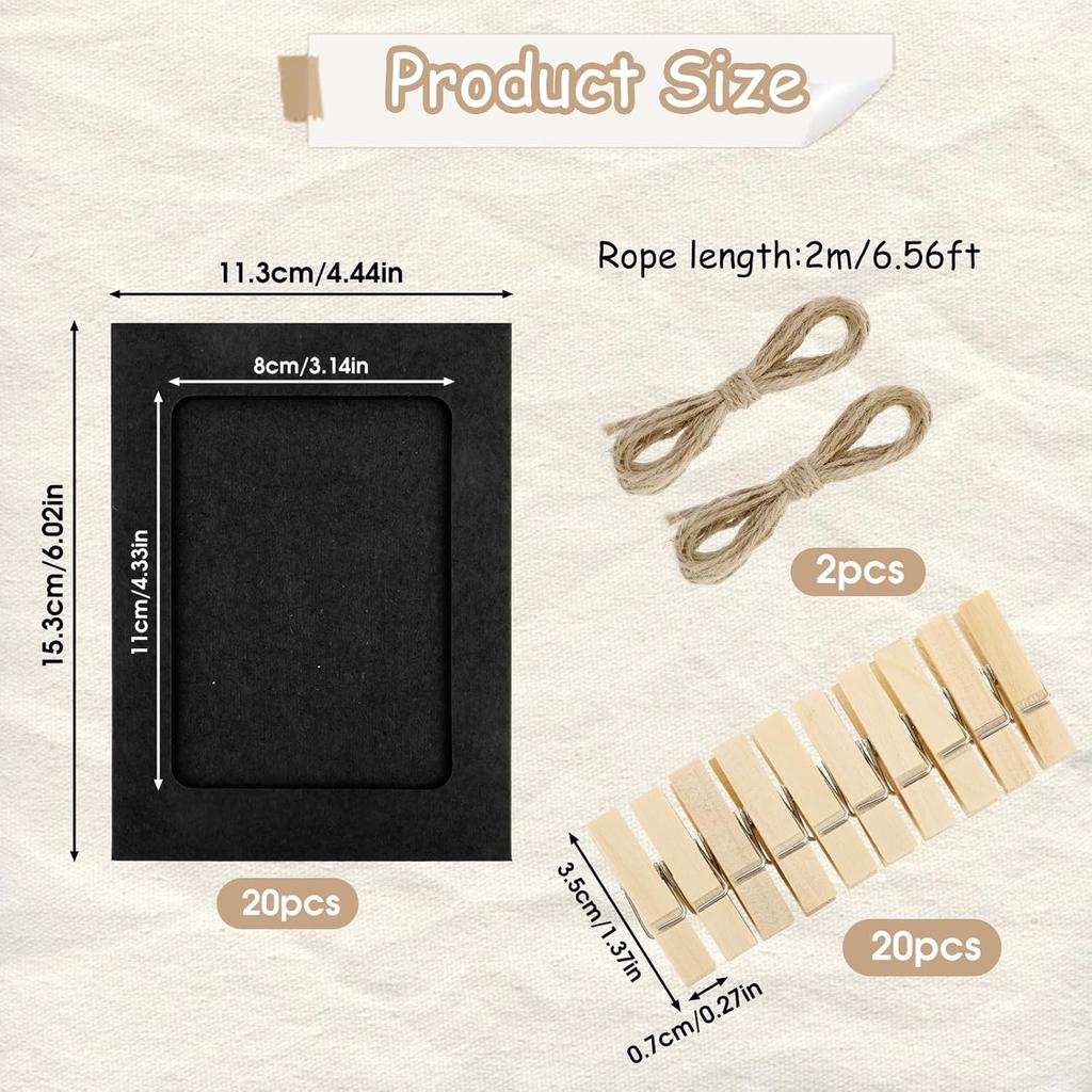 KALIONE 20pcs Paper Photo Frames, 4x6 Inch Photo Strip Frame Hanging Photos Display Banner, Picture String with Clips, Photos Holder for Wall,