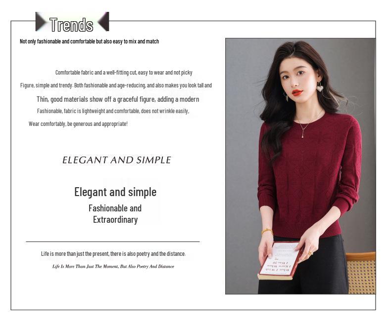Women's Wine Red Versatile Round Neck Long Sleeve Knitted Sweater - Loose Fit and Slimming Fashionable Inner Wear