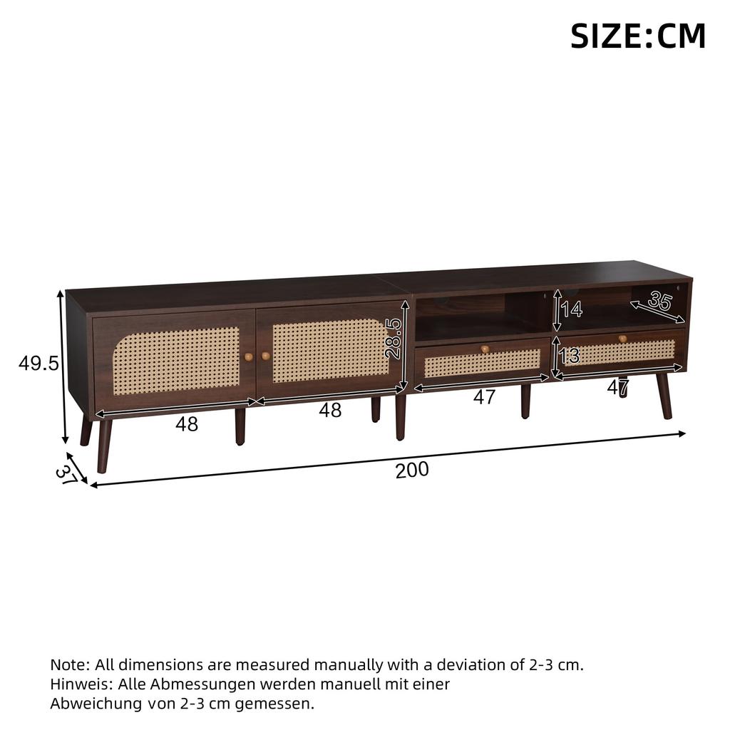 TV Ständer, Lowboard TV Board 2 2 Schublade, Offene Staufächer, TV-Schrank Landhausstil Sideboard, Wohnzimmer Esszimmer, 200cm, Braun