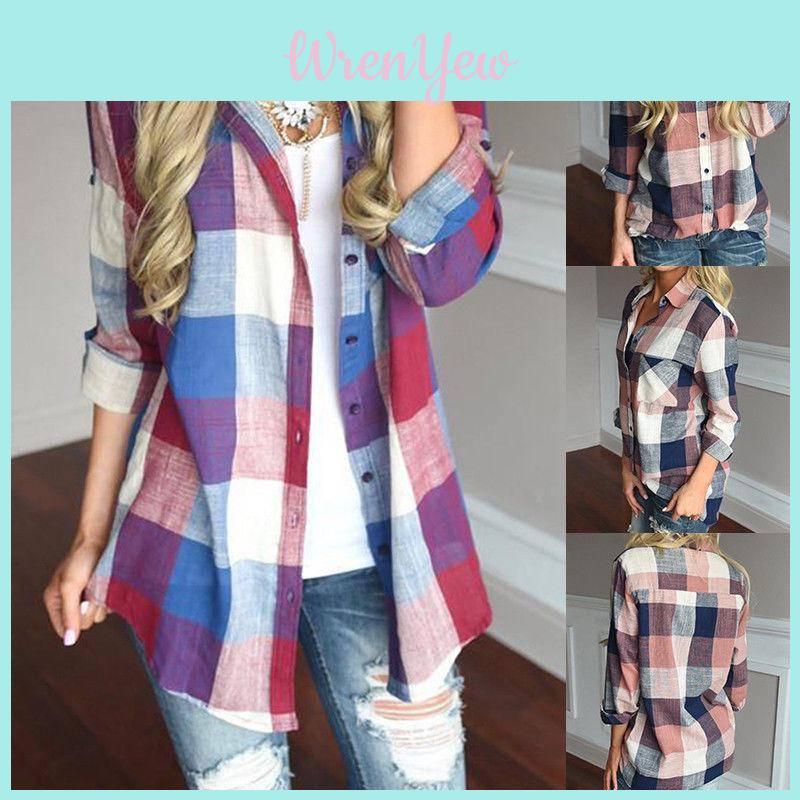 Women Long Sleeve Plaid Linen Shirt With Turndown Collar For Casual Office Wear