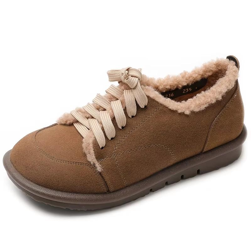 Fashion GKTINOO Loafers Winter Women Cow Suede Leather Round Toe Lace-up Warm Comfort Soft Sole Ladies Flat Fur Shoes Big size 43