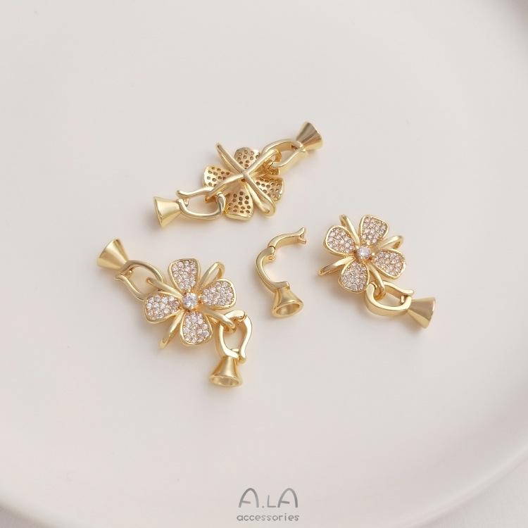 14K Gold-Filled Rose-Shaped Bow Zirconia Pearl Necklace Clasp Connector
