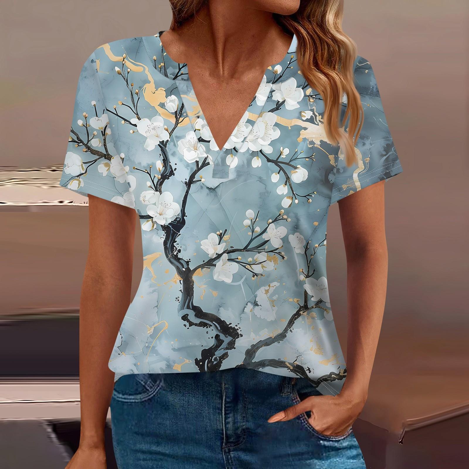 

Женская футболка Футболка с принтом с коротким рукавом Повседневные выходные Мода Базовый топ с V-образным вырезом Обычный топ L циан