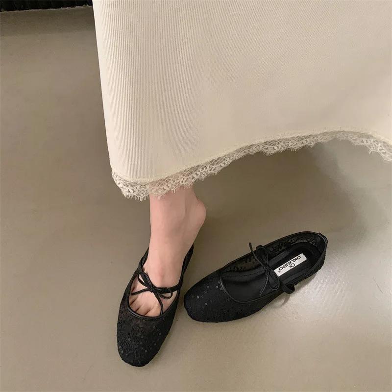 Ladies' Fashionable Flat, Round Toe Shallow Opening Mesh Fabric Breathable Soft-soled and Anti-slip Single Shoes 2025