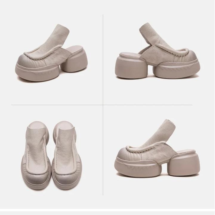 Johnature Roman Style Women's Slip-on Platform Shoes Genuine Leather Retro Round Toe Outdoor Slippers
