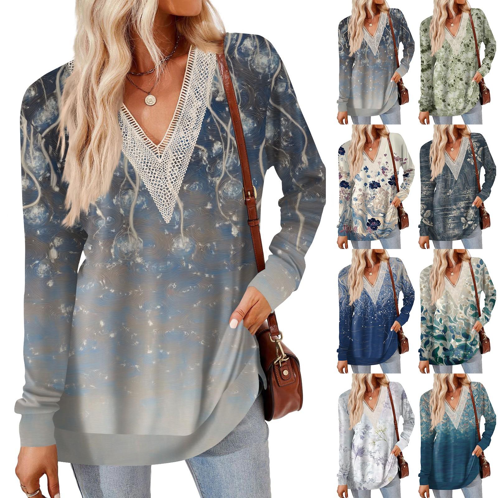 

Womens Tops Loose V-neck Contrast Color Split Loose Long Sleeve T-shirt Women s Tops XL