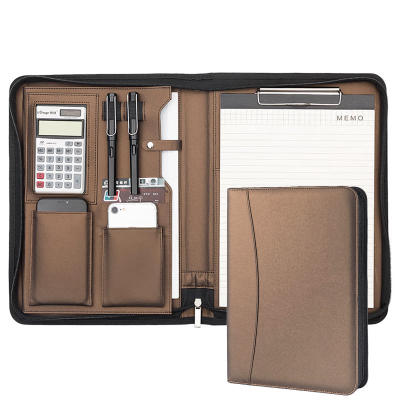 Multifunctional A4 Leather Conference Portfolio Folder for Document Organizer Zippered Man Executive Folder Briefcase Office
