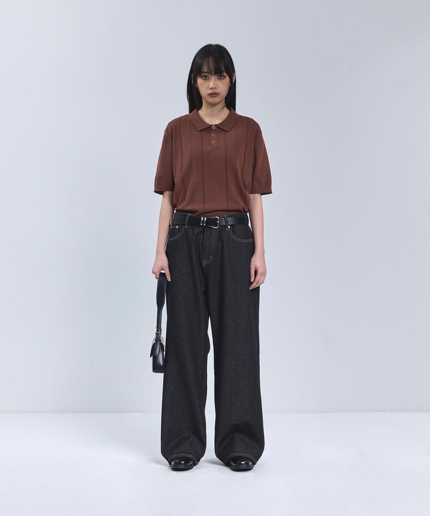 IRONYPORNO WHITELINE 86-Iro354 Multi-Stripe Snap Collar Short Sleeve Knit Brown