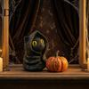 Fantasy Creature Figurine Mysterious Hooded Black Cat Resin Figurine, Gothic Wizard Statue with Big Eyes, Witch Themed Decoration Mini Desktop