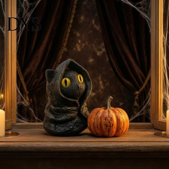 Fantasy Creature Figurine Mysterious Hooded Black Cat Resin Figurine, Gothic Wizard Statue with Big Eyes, Witch Themed Decoration Mini Desktop