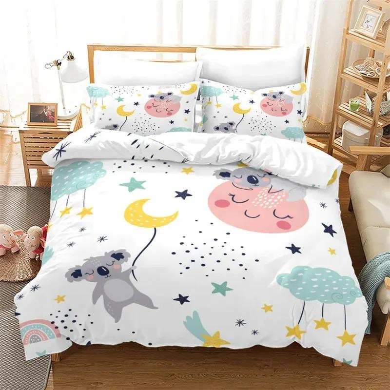 Cartoon Koala Duvet Cover Microfiber Cute Animal Bedding Set Botanical Leaves Comforter Cover For Boys Girls Children Room Decor