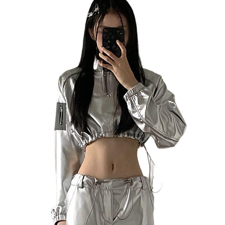 Kryddig Tjej Cyberpunk Silver Långärmad Cropped Huvtröja Dansset