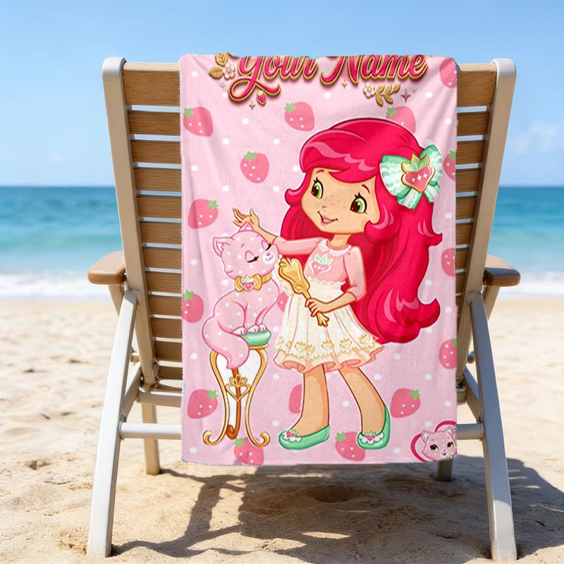 1pc Princess Strawberry Beach Towel with Custom Name, Beach and Seaside Swimming Pool Equipment, Fashion Pattern, Rectangular, Travel Essential