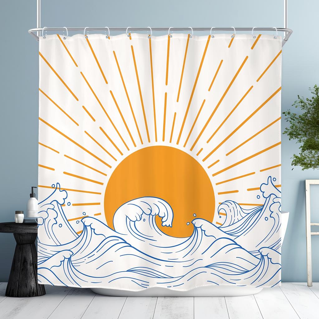 Sun Wave Shower Curtain - Abstract Retro Sunrise/Sunset Lines, Modern Mid-Century Design, Waterproof,Bath Decor