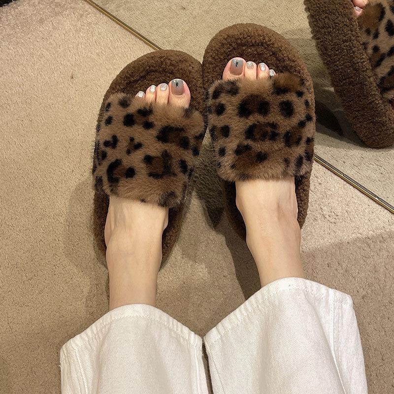 High Sense Leopard Print Fluffy Slippers Women 2025 Autumn and Winter New Small High Heels Fleece Explosion Internet Celebrity Cotton Drag Women