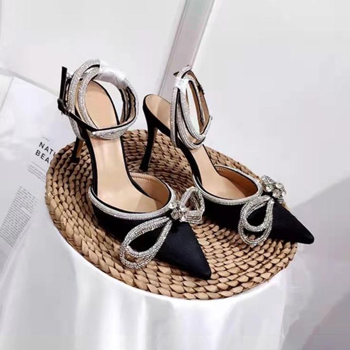 Pu Leather Vysoké podpatky Party Plesové Boty Třpytivé kamínky Dámské Lodičky Crystal Bowknot Saténové letní dámské boty