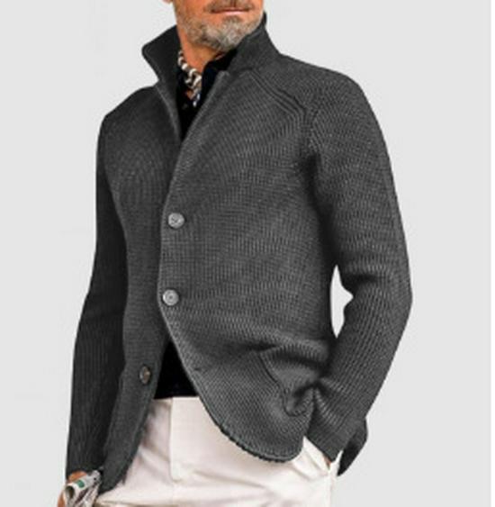 Men's Casual Long Sleeve Solid Color Knitted Cardigan - European & American Fashion