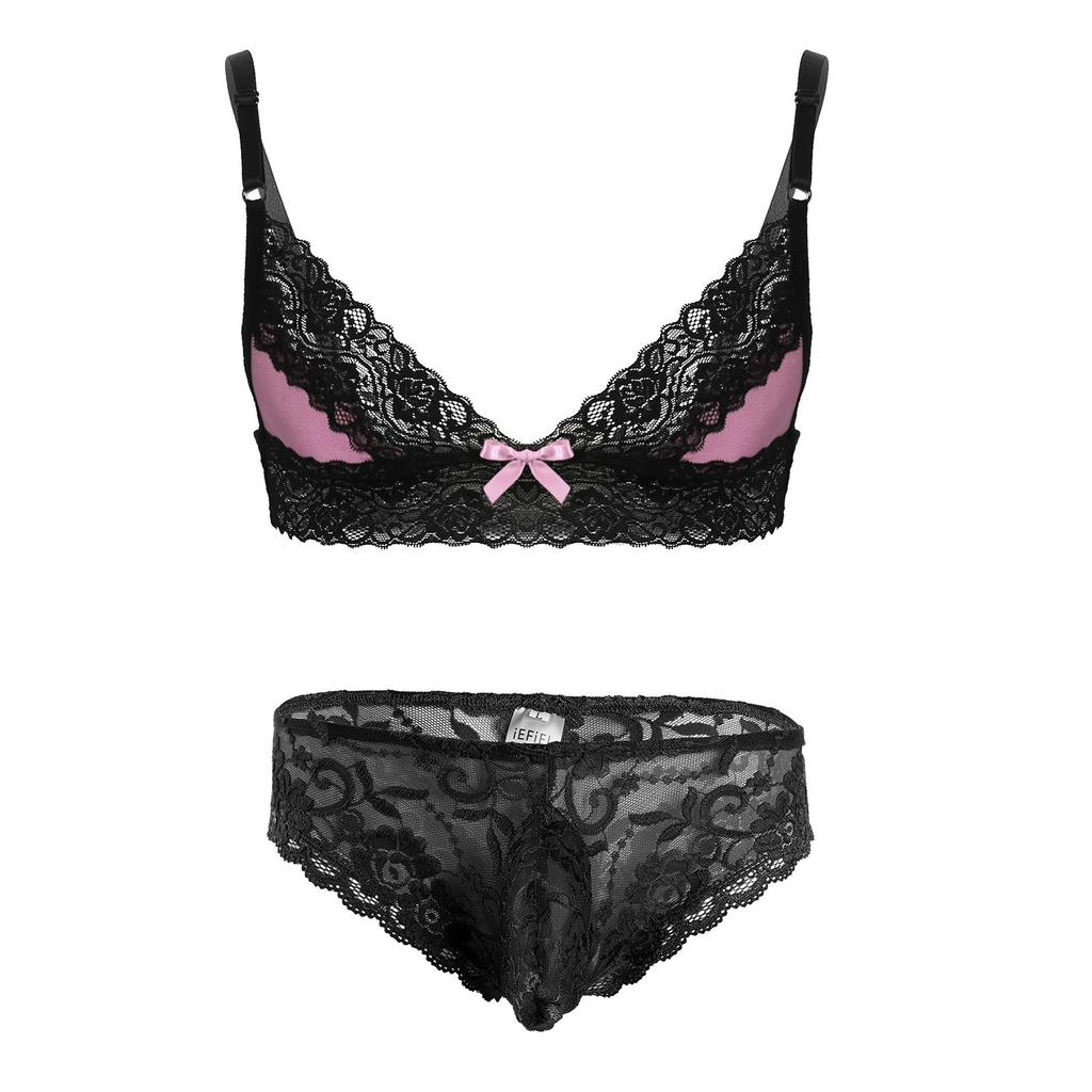 Mens Sissy Lingerie Set Adjustable Shoulder Straps Bra Top with Briefs Underwear for Nightwear Sleepwear