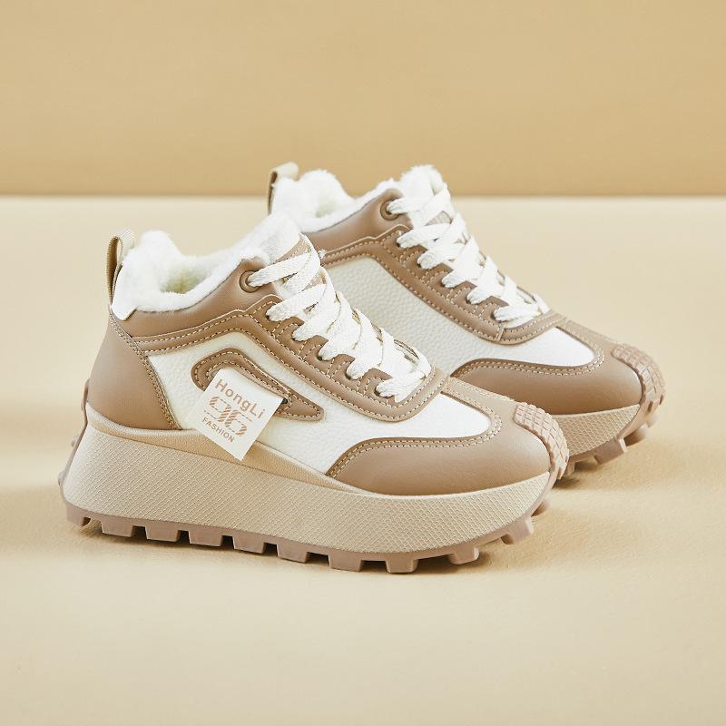 Vintervarme snøstøvler for kvinner Sklisikre chunky plattform joggesko med fuskepelsfôr Snøresko for tennis og gåing Kvinners komfortable korte boots