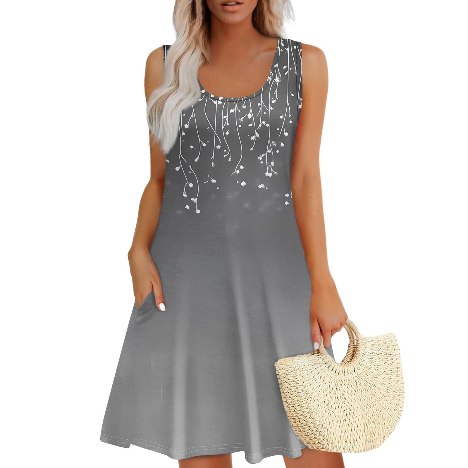 

Женское летнее повседневное платье с U-образным вырезом и цветочным принтом, платье без рукавов с карманами XXL